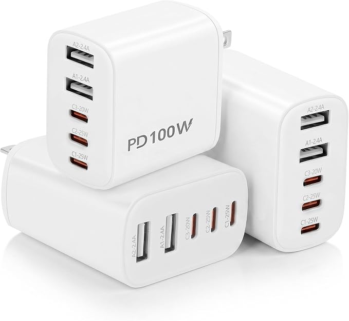 3Pack 100W 5Port USB-C PD&QC Fast Wall Charger Apple Charging Block Adapter