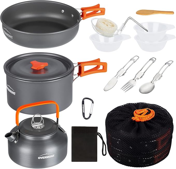 OVERMONT Camping Cookware Set, Outdoor Crockery Set, Cooking Pot Set, BBQ Tableware, Picnic Pot with