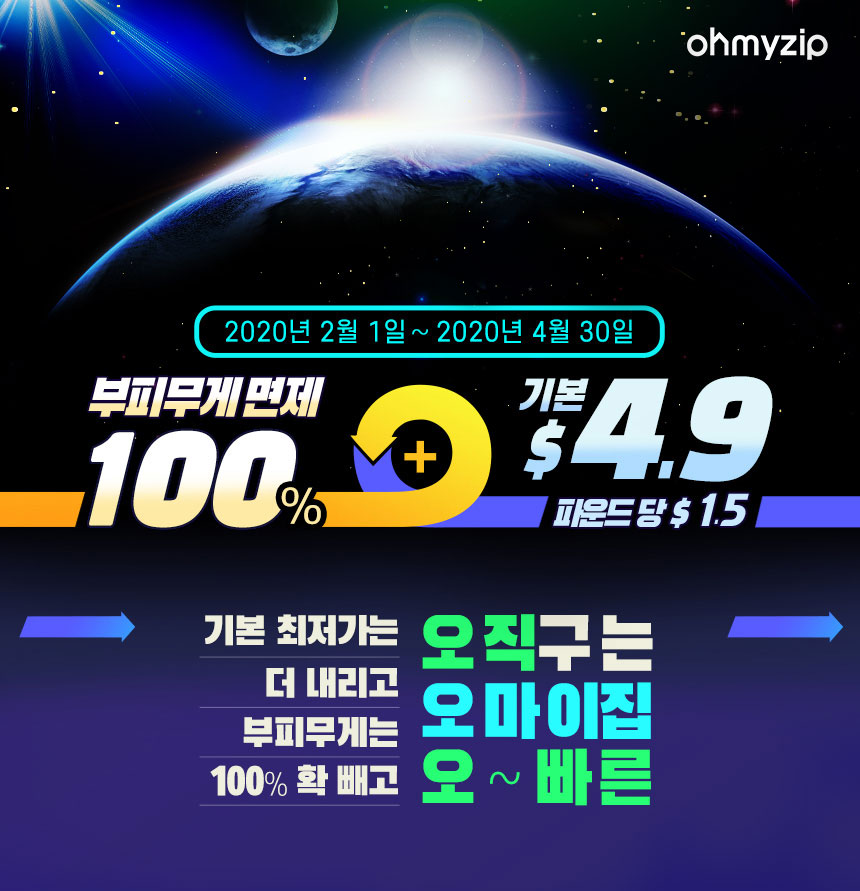 부피무게 100%면제+기본 $4.9 파운드당 $1.5 2020년 2월 1일~2020년 4월 30일, 기본 최저가는 더 내리고 부피무게는 100% 확 빼고, 오직구는 오마이집 오~빠른